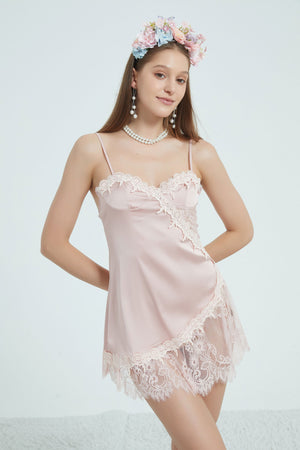 Gentle Rose Lace Accent Satin Nightwear - Risette 