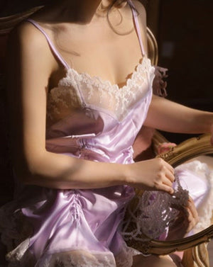 Lace Slit Hem Satin Cami Nightdress - Risette 