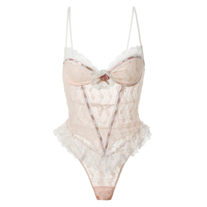 Lace Transparent Robe Roses Bodysuit - Risette 