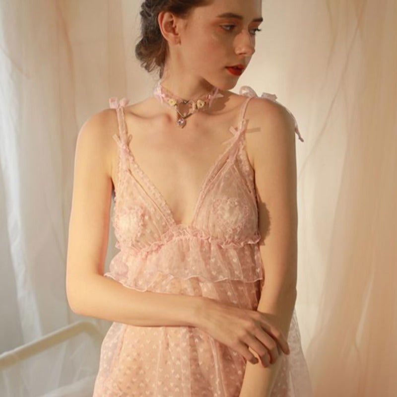 Light Pink See Through Deep V Neck Floral Night Dress - Risette 