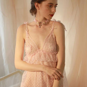 Light Pink See Through Deep V Neck Floral Night Dress - Risette 