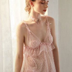 Light Pink See Through Deep V Neck Floral Night Dress - Risette 