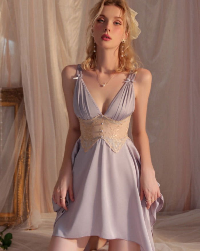 Muted Grey Silky Loose Nightgown with Lace detail - Risette 
