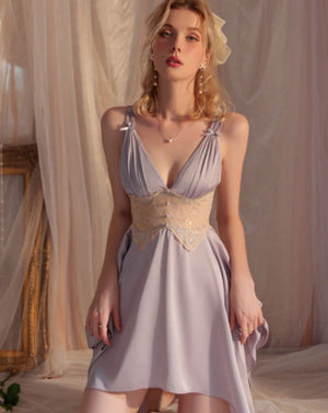 Muted Grey Silky Loose Nightgown with Lace detail - Risette 