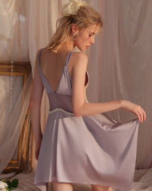 Muted Grey Silky Loose Nightgown with Lace detail - Risette 