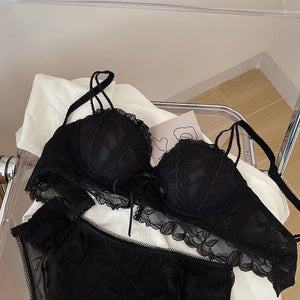 Nude Adjustable Strap Lacey Sexy Deep V Lingerie Set - Risette 