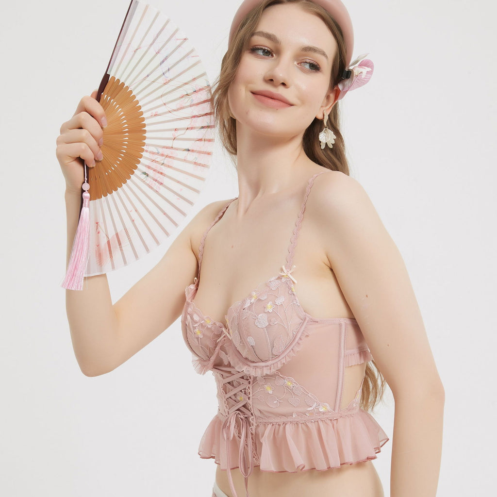 Pink Corset Bra Laced with Panty Set Lingerie - Risette 