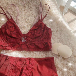 Red French Sexy Contrast Lace Lingerie Set - Risette 