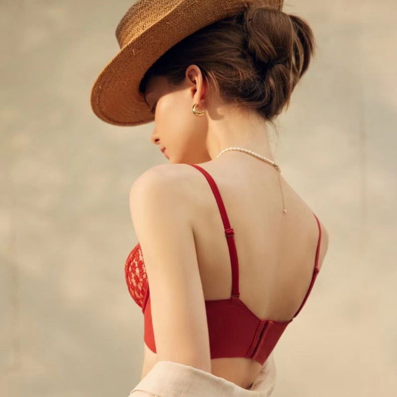 Red Hollow Out Seductive Wireless Bra Lingerie Set - Risette 