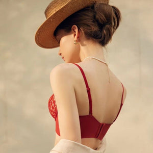 Red Hollow Out Seductive Wireless Bra Lingerie Set - Risette 