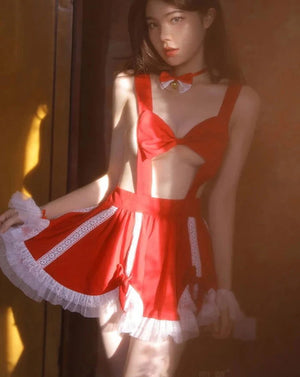 Red Sexy Maid Apron Uniform Ribbon Bra Temptation - Risette 