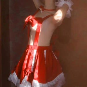 Red Sexy Maid Apron Uniform Ribbon Bra Temptation - Risette 