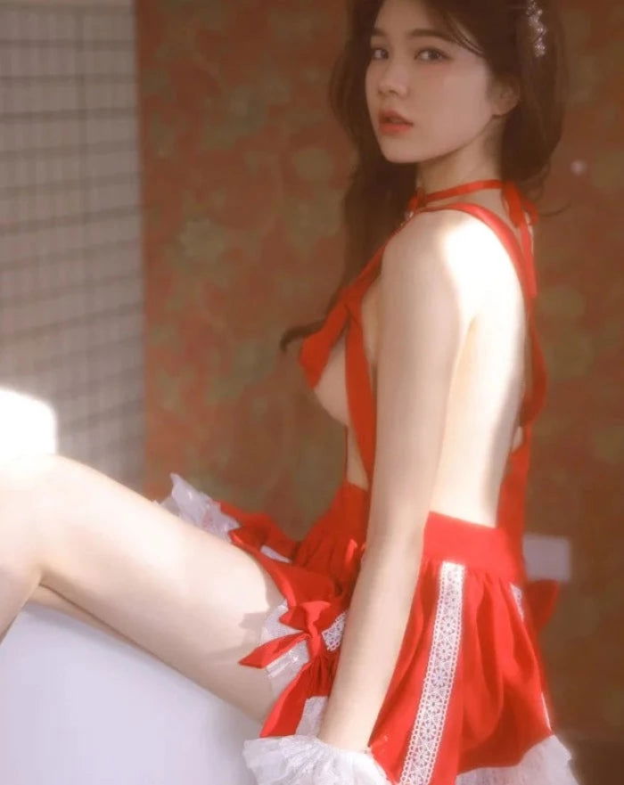 Red Sexy Maid Apron Uniform Ribbon Bra Temptation - Risette 