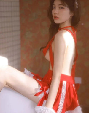 Red Sexy Maid Apron Uniform Ribbon Bra Temptation - Risette 