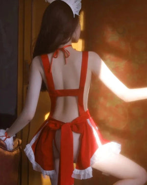 Red Sexy Maid Apron Uniform Ribbon Bra Temptation - Risette 