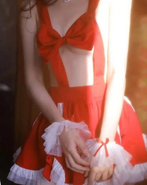 Red Sexy Maid Apron Uniform Ribbon Bra Temptation - Risette 