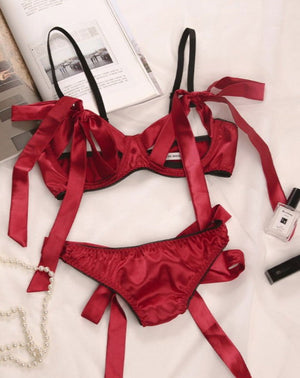 Red Transparent Bra Two Piece Set with Nipple Paste - Risette 