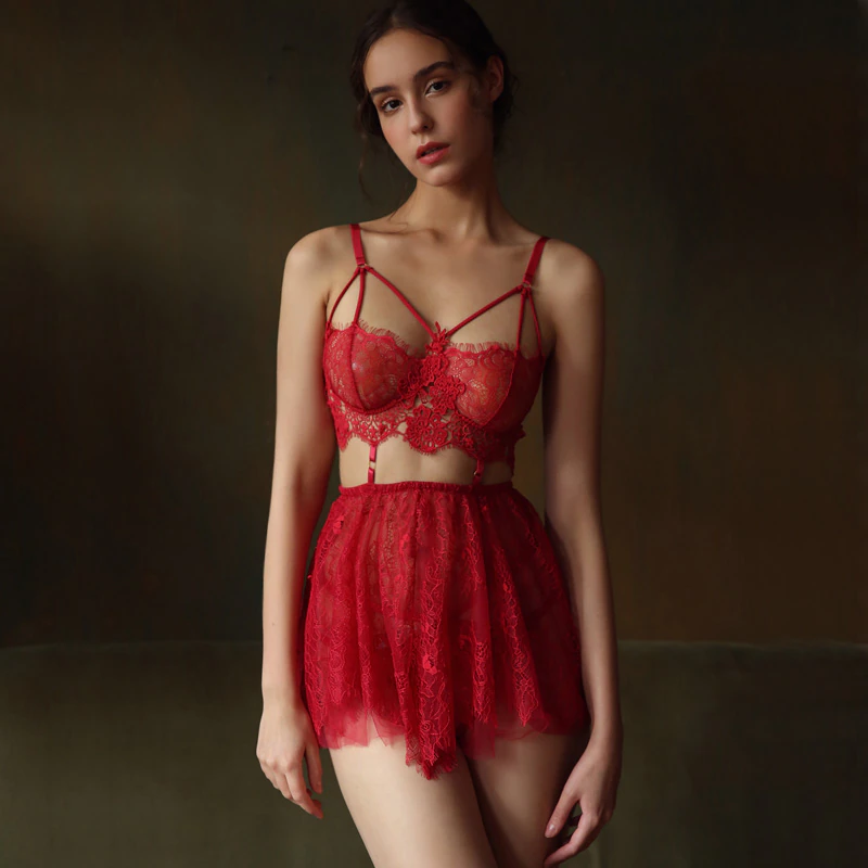 Scarlet Elegance Lace Bralette and Skirt Set - Risette 