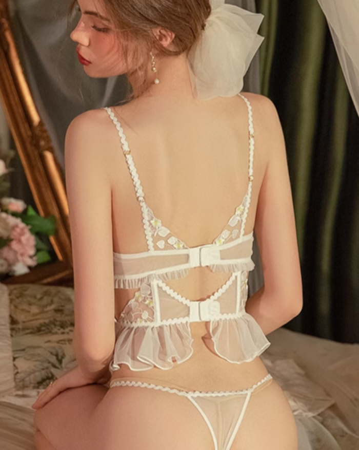 White Corset Bra and Panty Lacey Mesh Lingerie Set