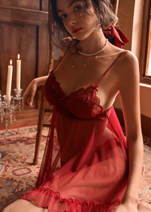 Sultry Red Sheer Lace Babydoll Nightdress