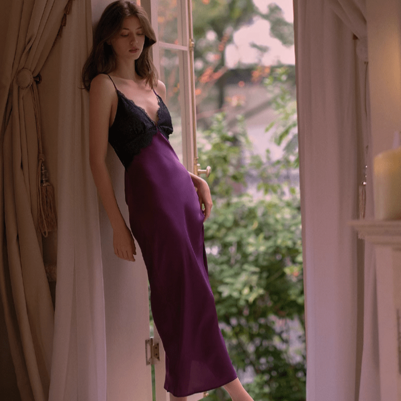 Purple Satin & Lace Slip Dres