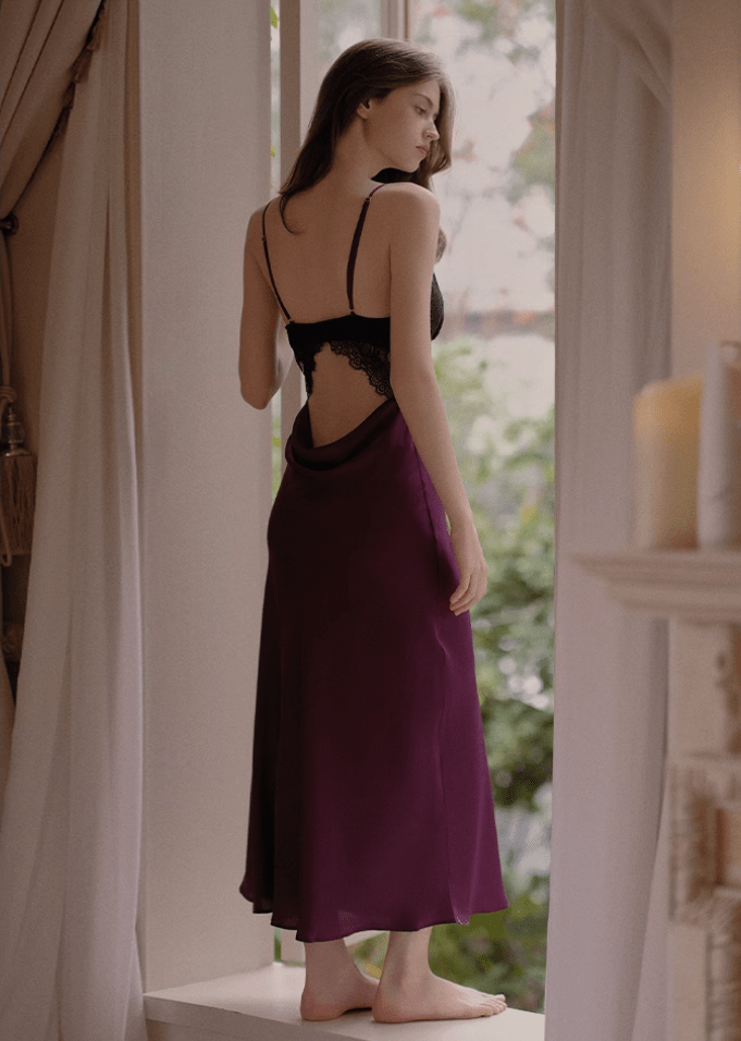 Purple Satin & Lace Slip Dres