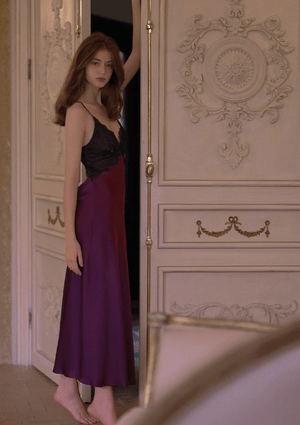 Purple Satin & Lace Slip Dres