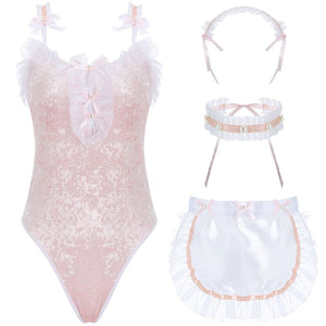 Sexy Anime Lingerie Lace Bodysuit Bib Headband Choker Feather Brush - Risette 