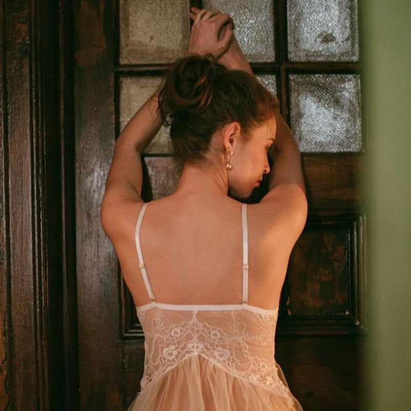Sexy Cross Straps Sheer Lace Lingerie Set - Risette 