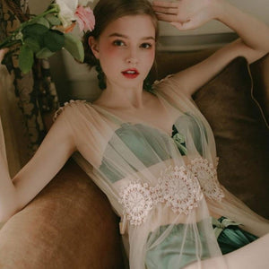 Sheer Long Dress Gauze Lace Embroidery Lingerie - Risette 