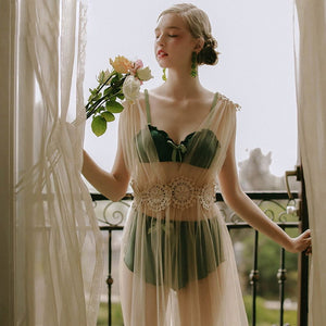 Sheer Long Dress Gauze Lace Embroidery Lingerie - Risette 