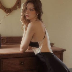 Silk Night Dress with Classic Lace Embroidery in Black - Risette 