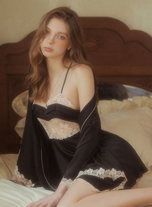 Silk Night Dress with Classic Lace Embroidery in Black - Risette 