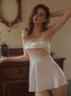 Silk Night Dress with Classic Lace Embroidery in White - Risette 