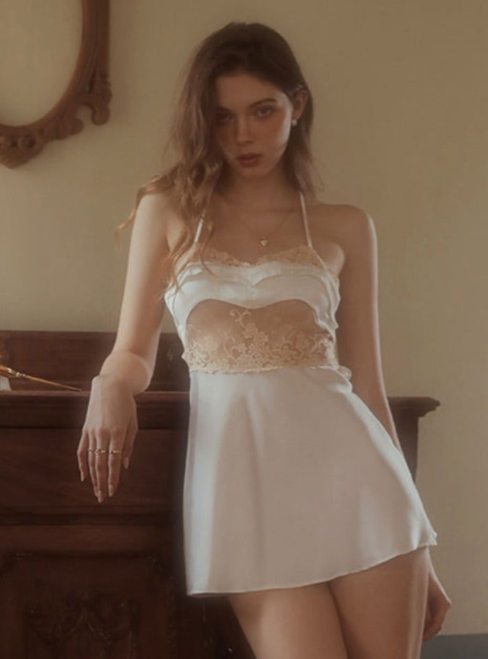 Silk Night Dress with Classic Lace Embroidery in White - Risette 