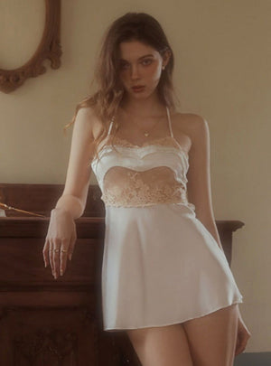 Silk Night Dress with Classic Lace Embroidery in White - Risette 