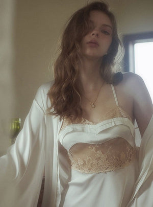 Silk Night Dress with Classic Lace Embroidery in White - Risette 