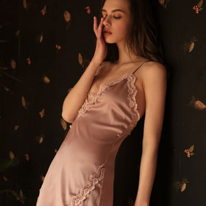Silk Nightgown with Deep Laced up V-Neck - Risette 