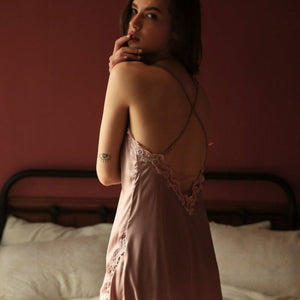 Silk Nightgown with Deep Laced up V-Neck - Risette 