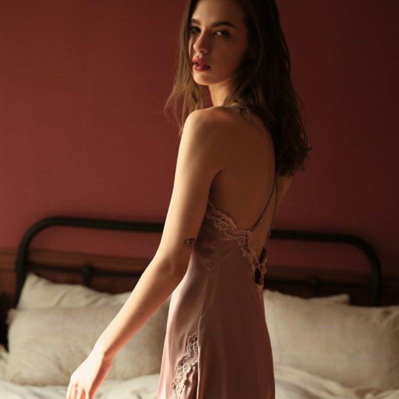 Silk Nightgown with Deep Laced up V-Neck - Risette 