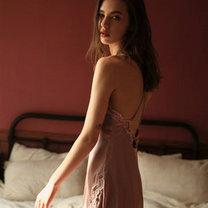 Silk Nightgown with Deep Laced up V-Neck - Risette 