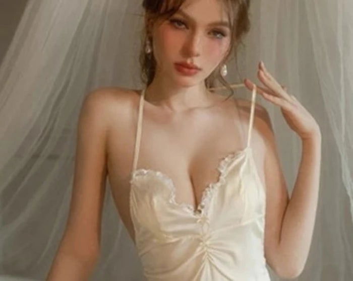 Silky Sexy Beige Nightdress with Chest Pad Lingerie - Risette 