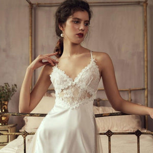Spaghetti Strap Side Slit Deep V Silk Nightdress - Risette 