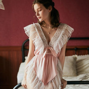 Thin Pink Blue Laced Ruffled Deep V Neck Sleepwear - Risette 