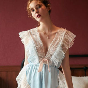 Thin Pink Blue Laced Ruffled Deep V Neck Sleepwear - Risette 