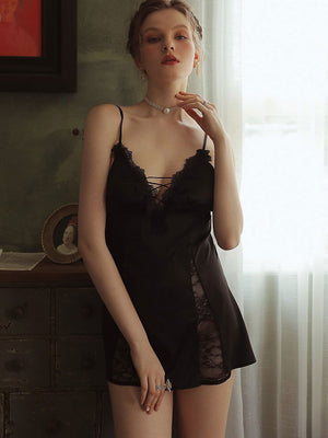 V Neck Satin Lace Floral Nightgown - Risette 