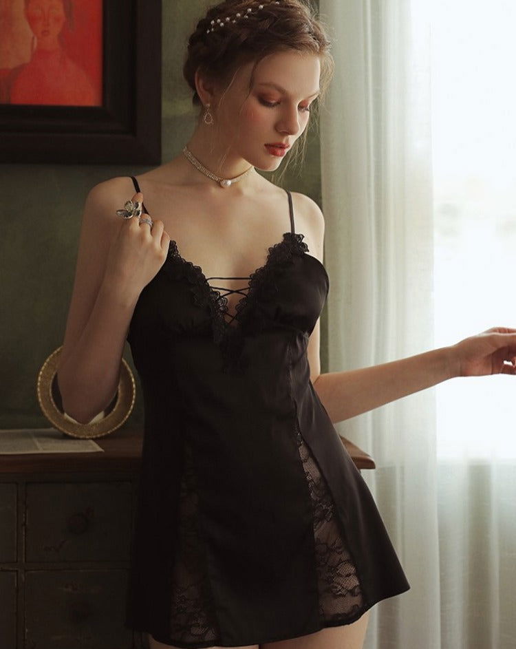 V Neck Satin Lace Floral Nightgown - Risette 