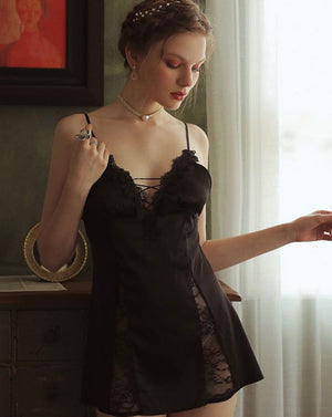 V Neck Satin Lace Floral Nightgown - Risette 