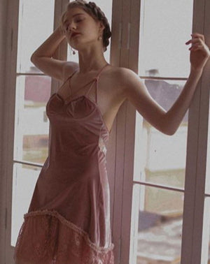 Velvet Deep V Back Cross Lace Nightgown - Risette 
