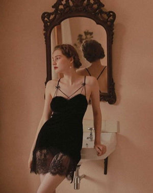 Velvet Deep V Back Cross Lace Nightgown - Risette 